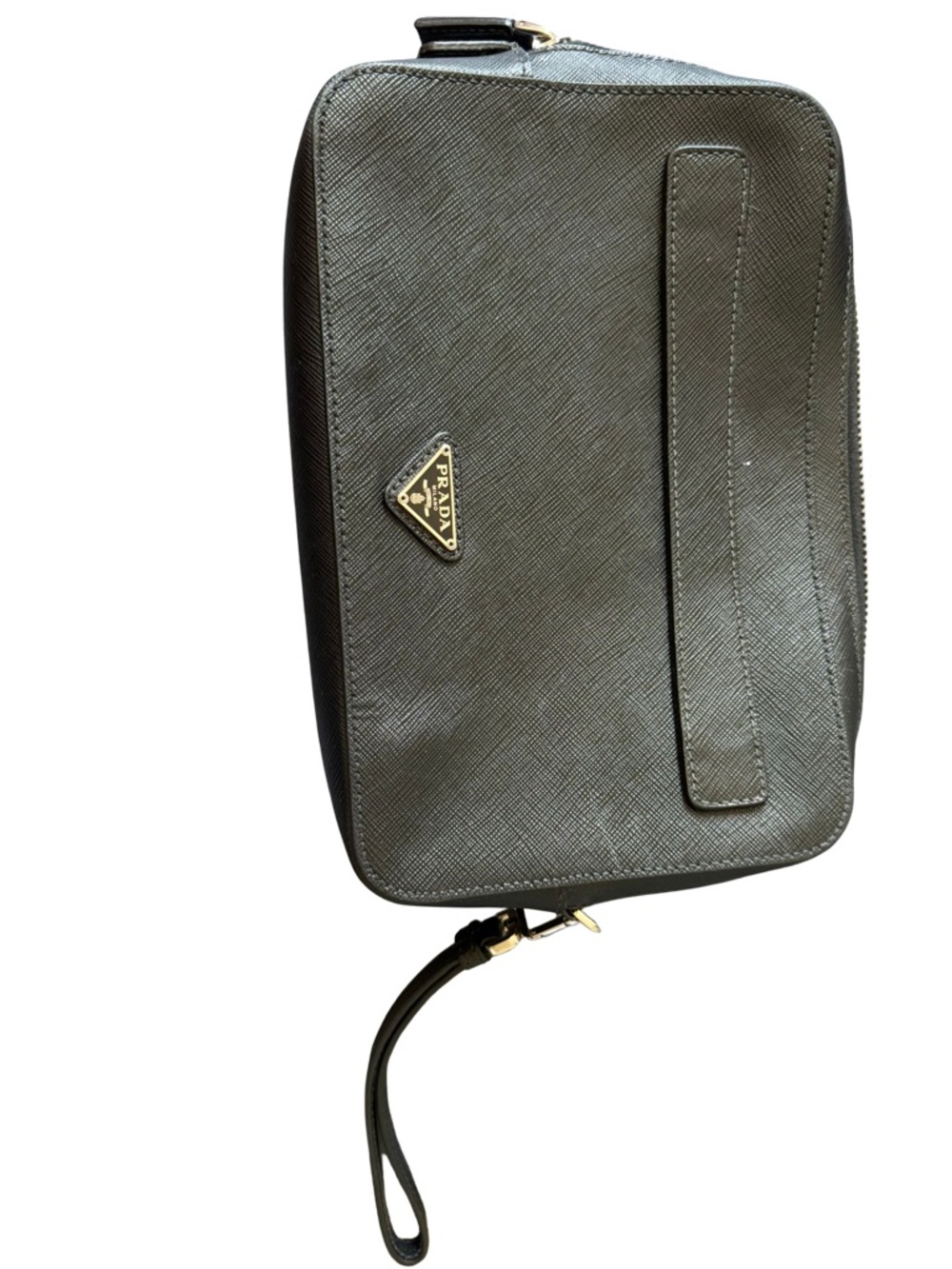 Prada Green Saffiano Leather Wristlet Toiletry Pouch with Gold Logo